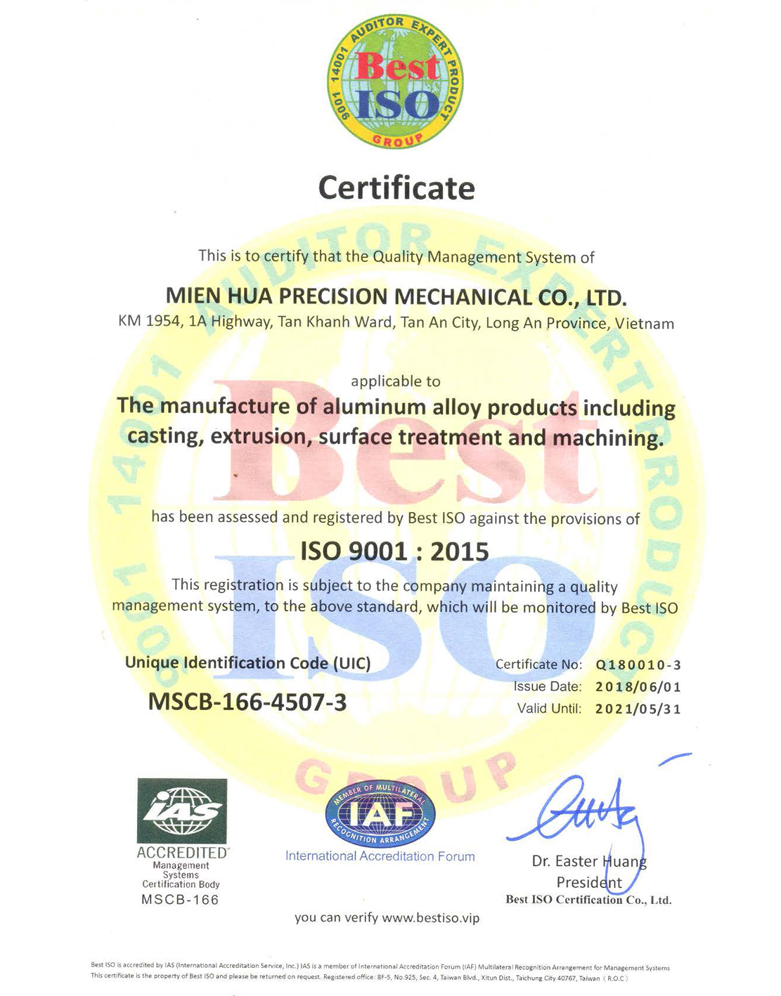 ISO 9001:2015 MIENHUA