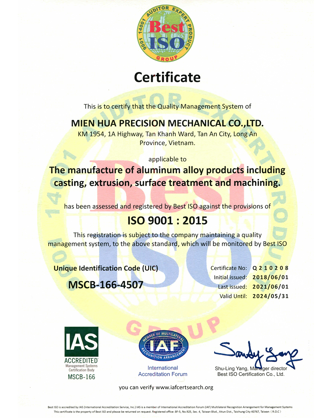 ISO 9001:2015 MIENHUA